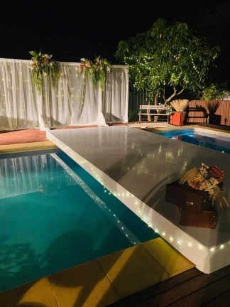 natural timber flooring inside a clear marquee for a party