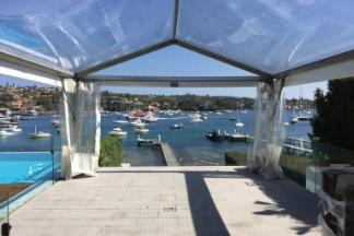 10x9m claer marquee on a floor over pool at Vaucluse Yacht Club by Dancetime
